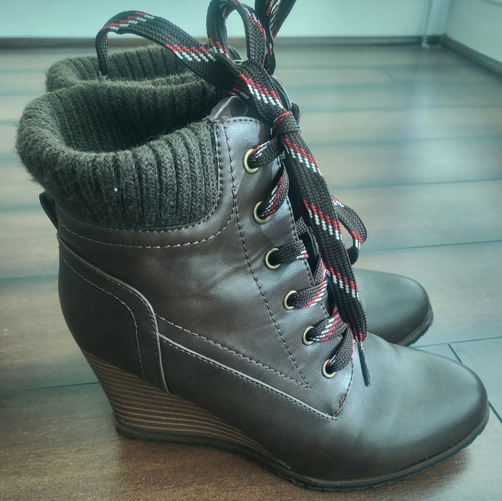 Brown Wedge Ankle Boots with Knit Cuff